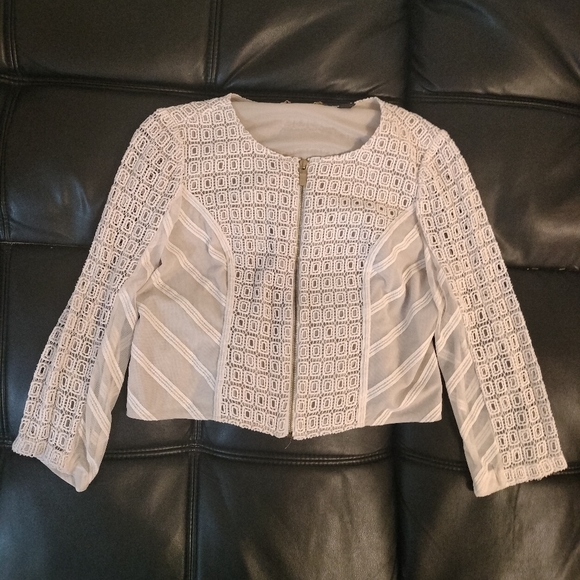 Crochet Lace Sheer Mesh Zip-Up Jacket White Ivory Boho Romantic Barely Worn - Picture 6 of 14